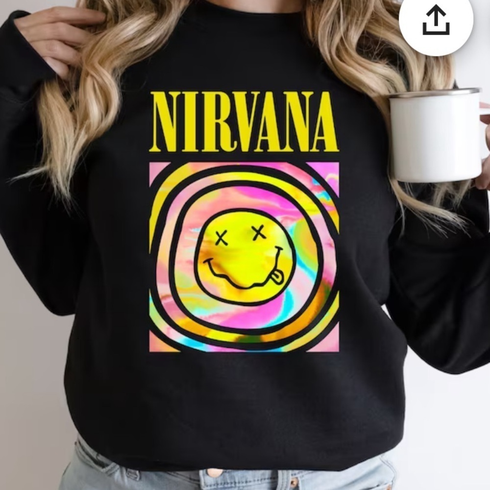 Nirvana Smiley Face Logo Crewneck Sweatshirt Size S Black Highlighter Tie Dye